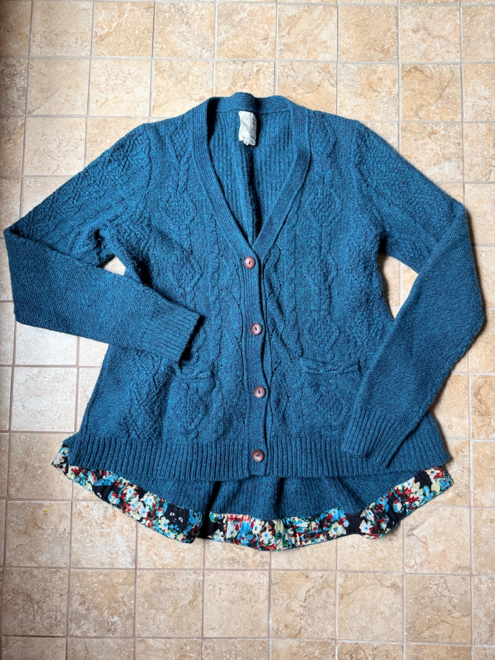 Anthropologie Cardigan Sweater Far Away From Close Teal Cable Knit Rear Peplum L